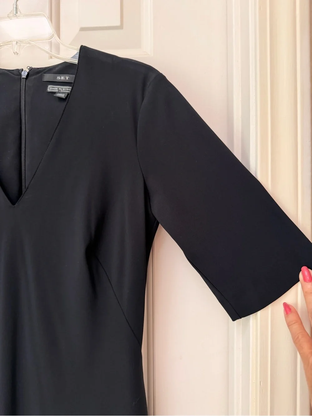 SET Black V-Neck Knee Length Sheath Dress, Fitted Stretch, Short Sleeve, Sz S - Picture 8 of 16